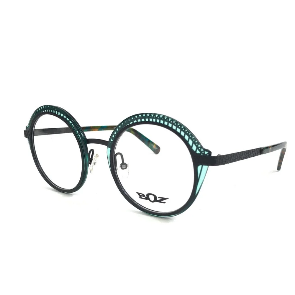 Boz Eyeglasses Frames ITZA 4000 Black Clear Green Round Full Rim 48-21-140